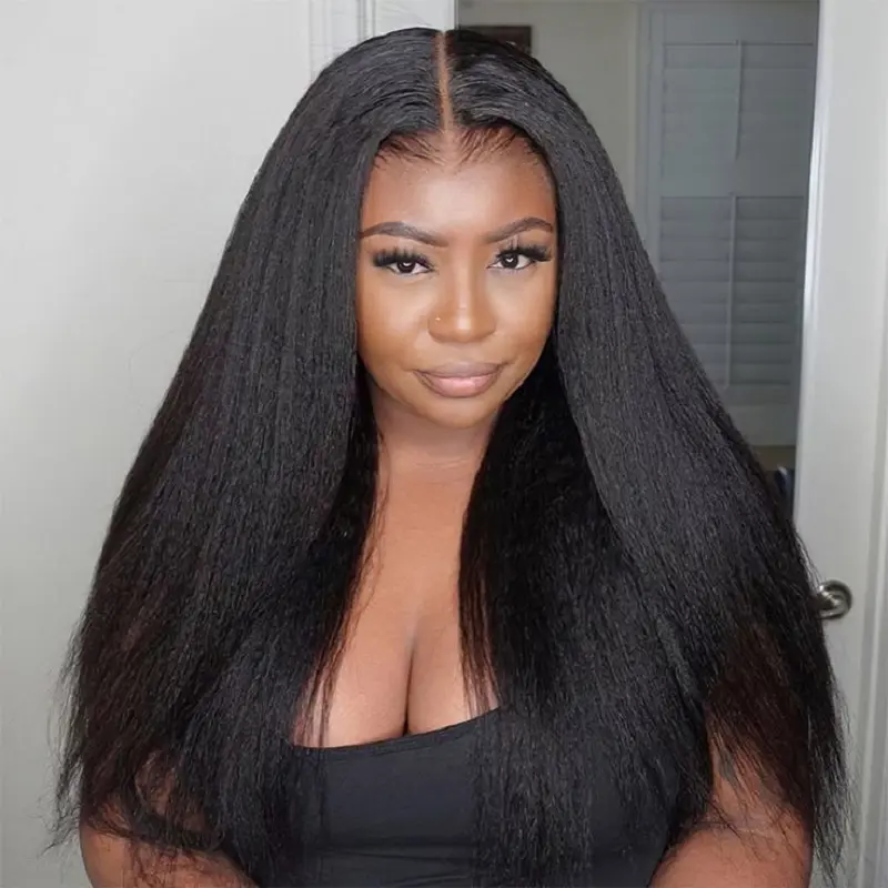 Long Soft 26Inch 180Density Yaki Kinky Straight Natural Black Deep Lace Front Wig For Women Babyhair Glueless Preplucked Daily