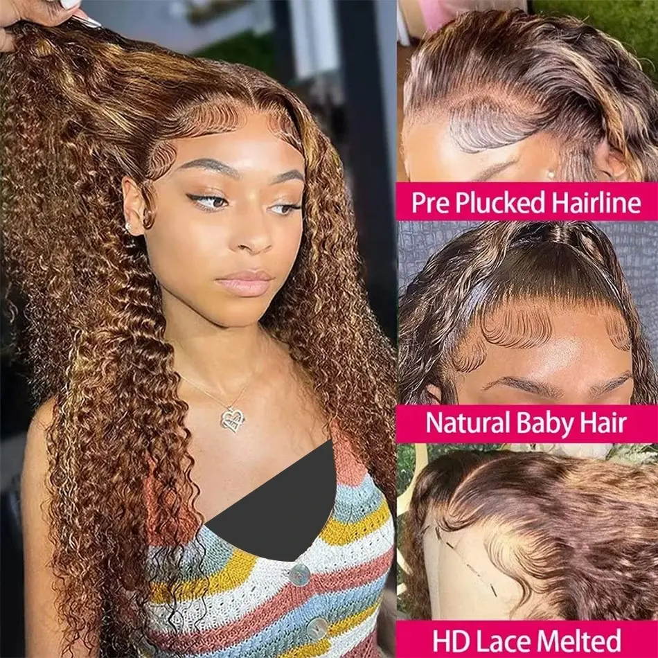 Highlight Honey Blonde Kinky Curly 30 Inch Hd Lace Front Wig Human Hair 13x6 Deep Wave Lace Frontal Wigs Wigs  Human Hair Wigs