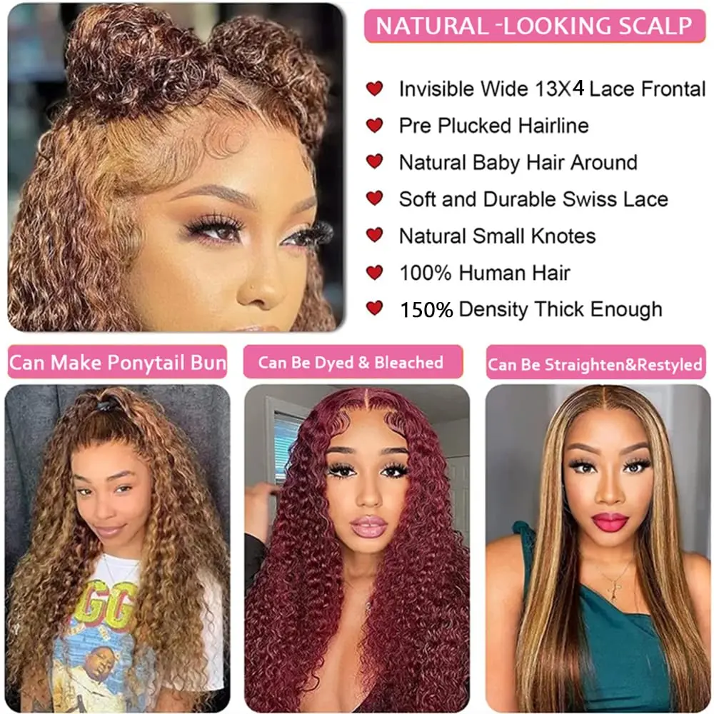Highlight Honey Blonde Kinky Curly 30 Inch Hd Lace Front Wig Human Hair 13x6 Deep Wave Lace Frontal Wigs Wigs  Human Hair Wigs