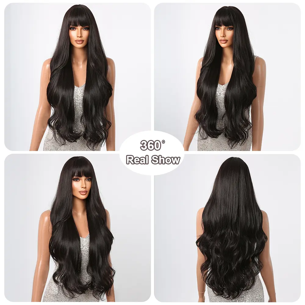EASIHAIR Long Wavy Black Synthetic Wigs with Bangs Daily Use Natural Wave Hair Wig for Women Cosplay Party Heat Resistant Fiber