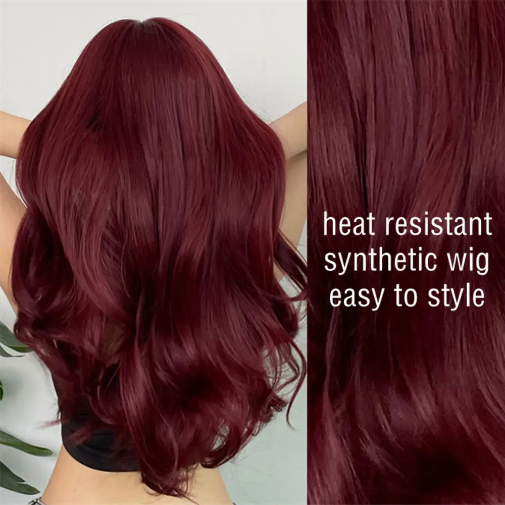 HENRY MARGU Wine Red Long Wavy Synthetic Wig High Temperature Natural Wig with Bangs Colorful Party Cosplay Hair for Black Women