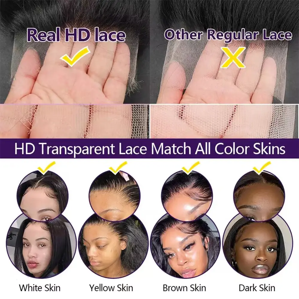 13x4 13x6 Full Frontal HD Transparent Lace 4x4 Closure Human Hair Wigs Short Straight Bob Wigs Brazilian Pre-Plucked Hair Wigs