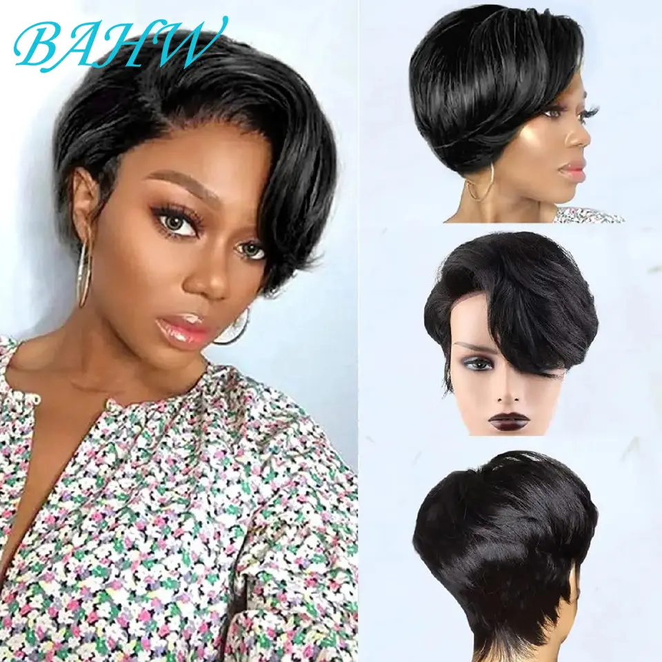 Burmese Hair 13x4 Lace Wig Side Part Pixie Cut Wigs 100% Virgin Hair Side Part Straight Bob Wig Transparent Lace For Black Women