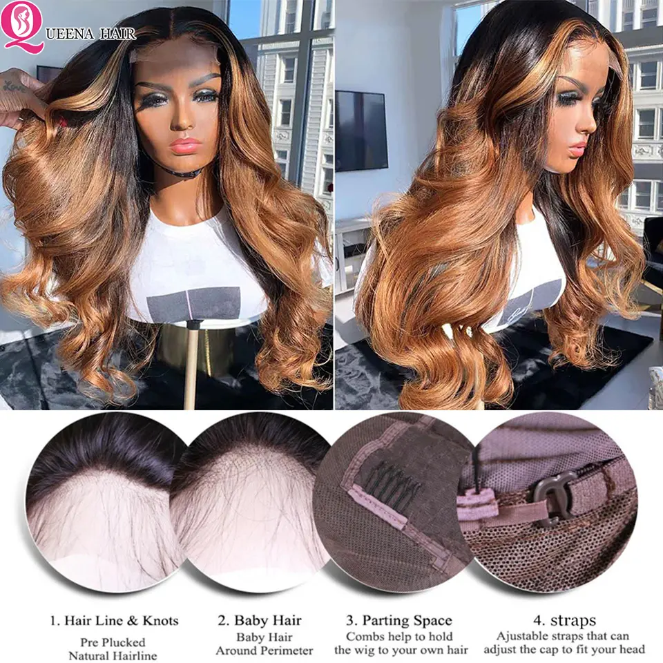 1B 30 Ombre Body Wave Human Hair Wigs 180% Density HD Transparent Lace Frontal Wigs 13x4 Lace Front Wig Pre Plucked Ombre Wigs