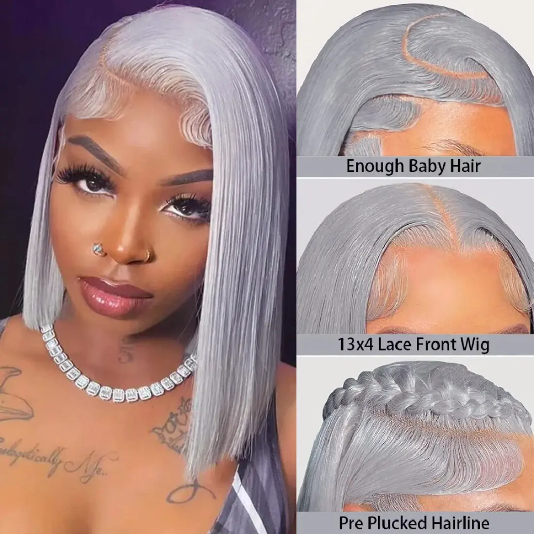 Grey Bob Lace Front Human Hair Wig 13x4 Colored Short Grey Bob Wig Pre Plucked Natural Hairline With Baby Hair