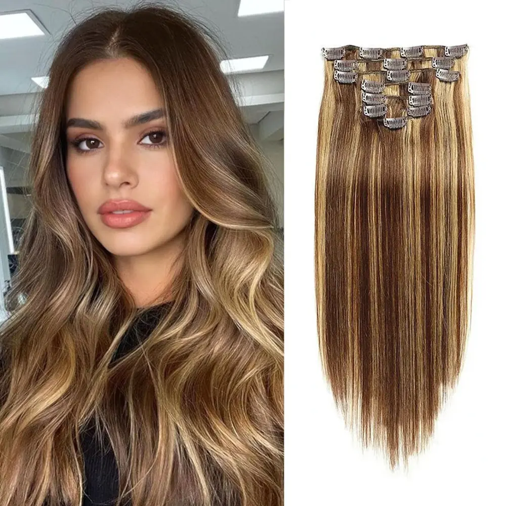 Clip in Hair Extensions for Women,Real Human Hair 4/27 Highlight Mix Blonde Remy Human Hair Extensions Human Hair Straight Seaml