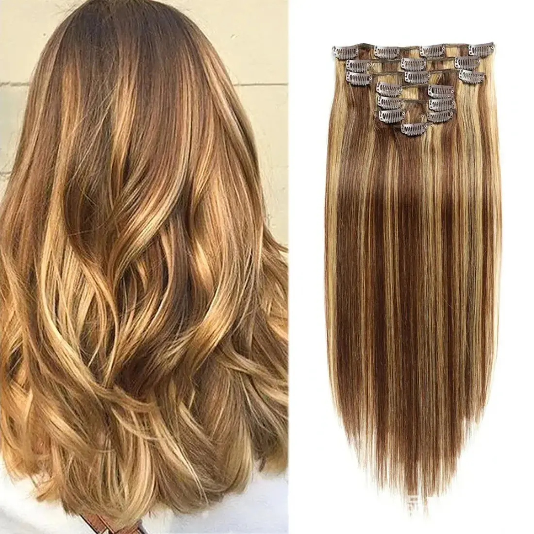 Clip in Hair Extensions for Women,Real Human Hair 4/27 Highlight Mix Blonde Remy Human Hair Extensions Human Hair Straight Seaml