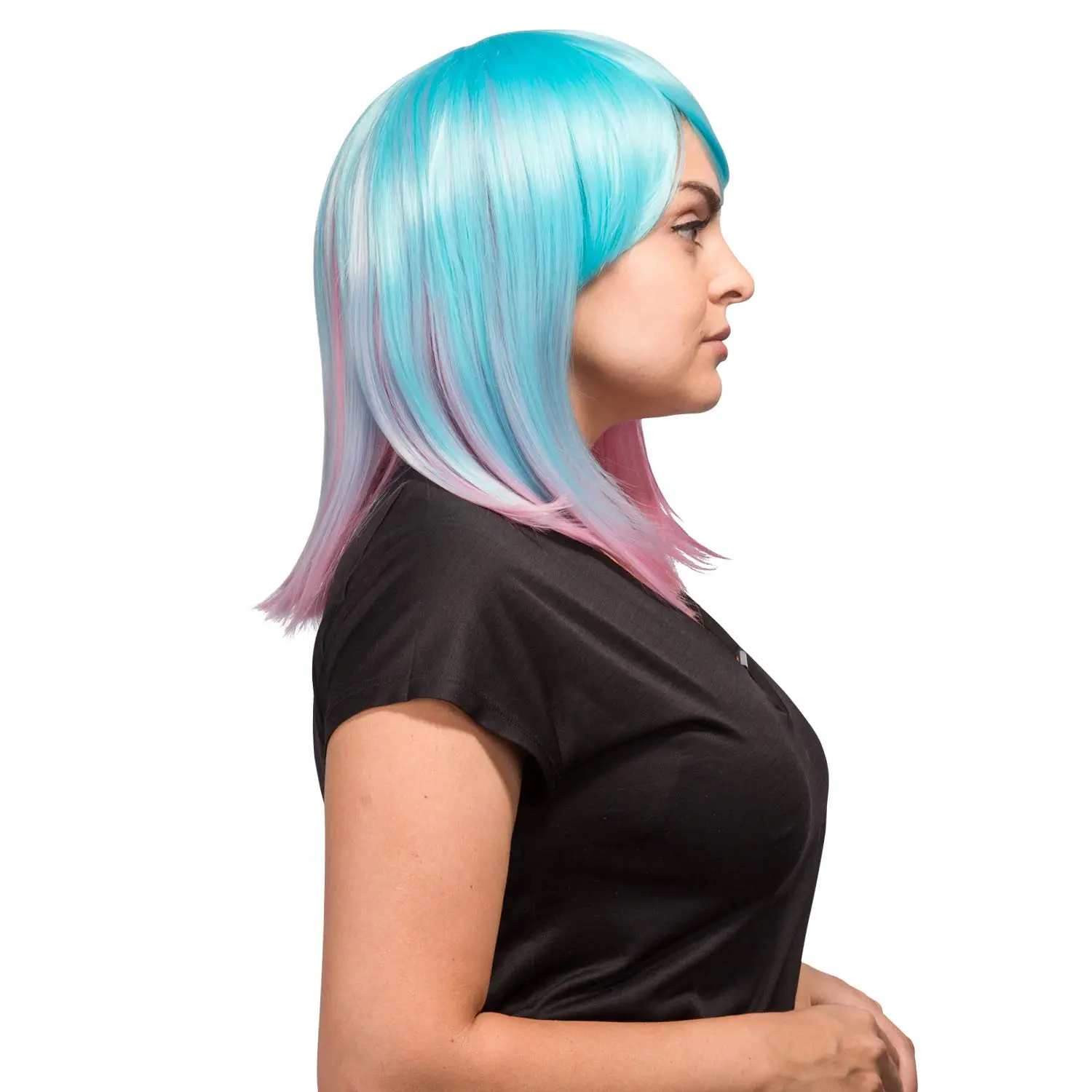 Short Synthetic Bob Wigs Ombre Blue to Pink Color Wig Hair with Bangs Cosplay Daily Party Use Natural Heat Resisitant