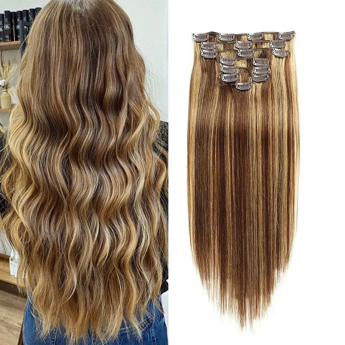 Human Hair Clip In Hair Extensions Highlights Piano Color 16-24inch 100g Remy Hair Extensions Clip Ins