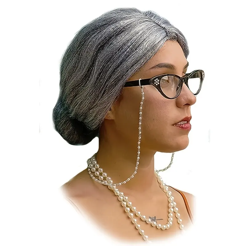 Synthetic wig Old Lady wig Costume Set Gray Hair Granny Wig with pearl necklace wig