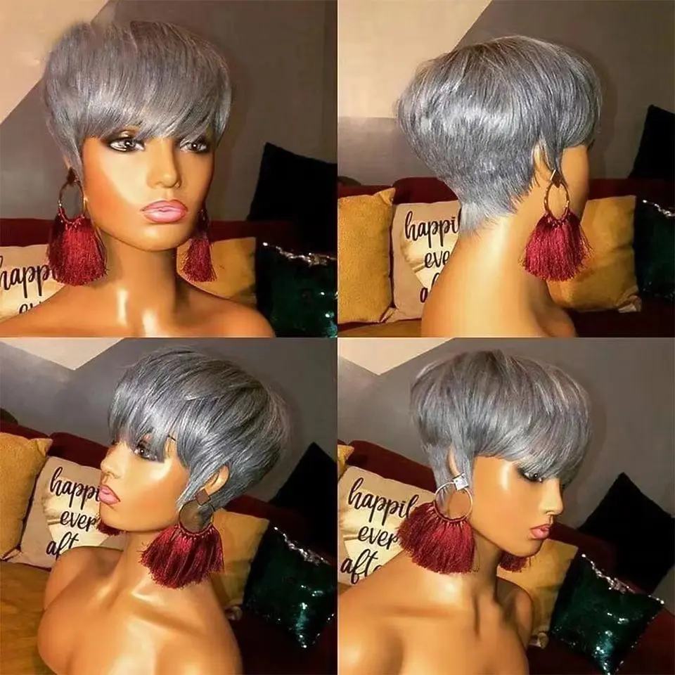 Synthetic Pixie Cut Wigs Synthetic Short Ombre Gray Pixie Haircut Wig with Bangs Layered Wig Wavy Grey to Black Wigs fo