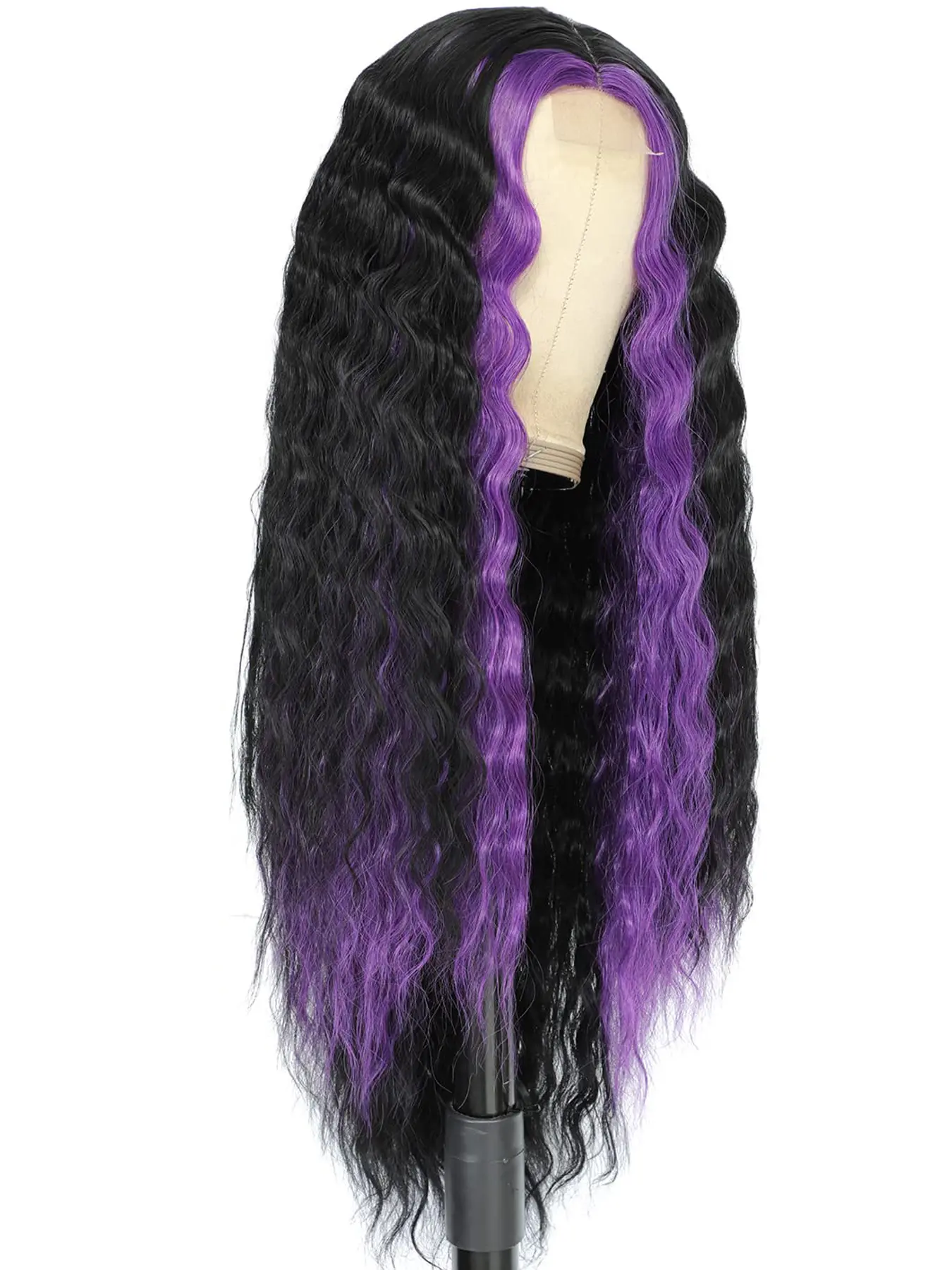 Synthetic Curly Wig for Women Long Deep Wave Wig with Purple Highlights Natural Crimps Curls Skunk Stripe Lace Front Wig for Dai
