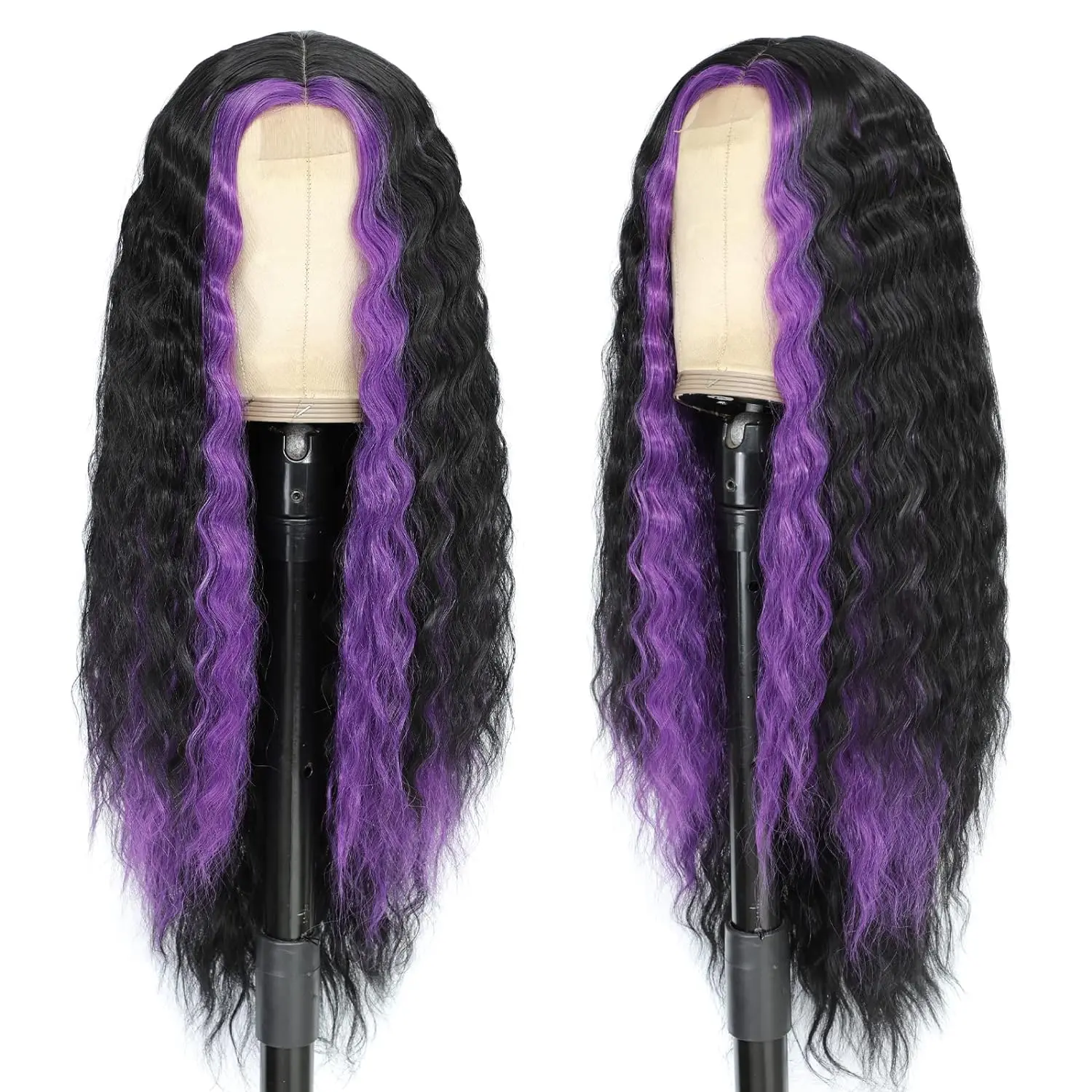 Synthetic Curly Wig for Women Long Deep Wave Wig with Purple Highlights Natural Crimps Curls Skunk Stripe Lace Front Wig for Dai