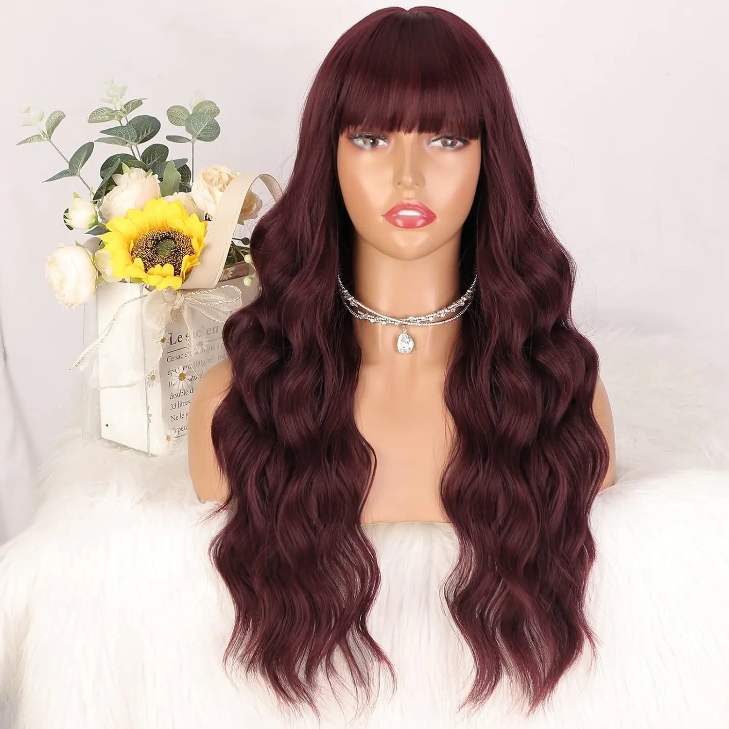 Long Synthetic Wig with Bangs Wine Red Wavy Wigs for Women  Heat Resistant Fibre Burgundy Wigs for Girls Daily Party Use