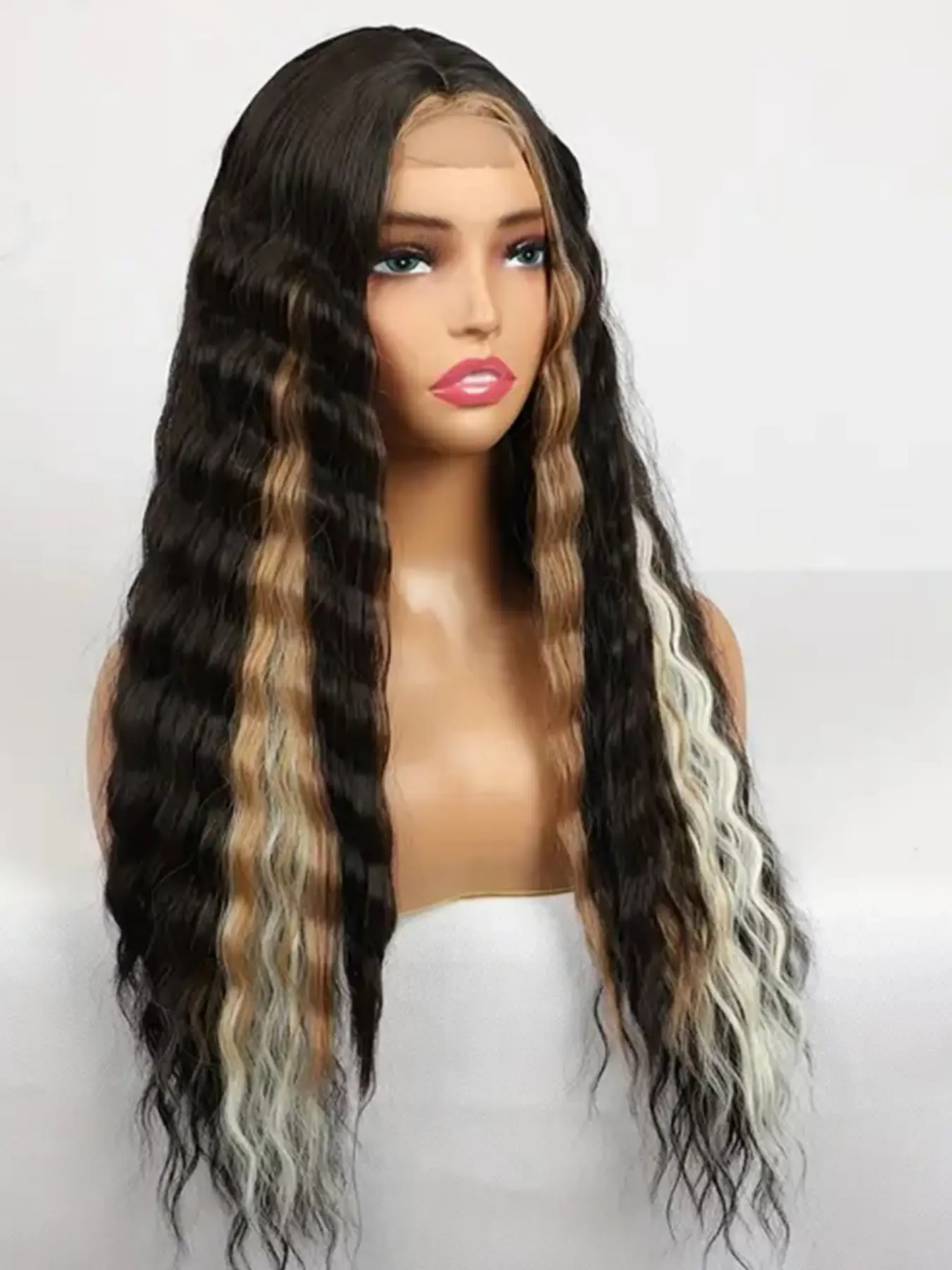Synthetic Curly Wig for Women Long Deep Wave Wig with Purple Highlights Natural Crimps Curls Skunk Stripe Lace Front Wig for Dai