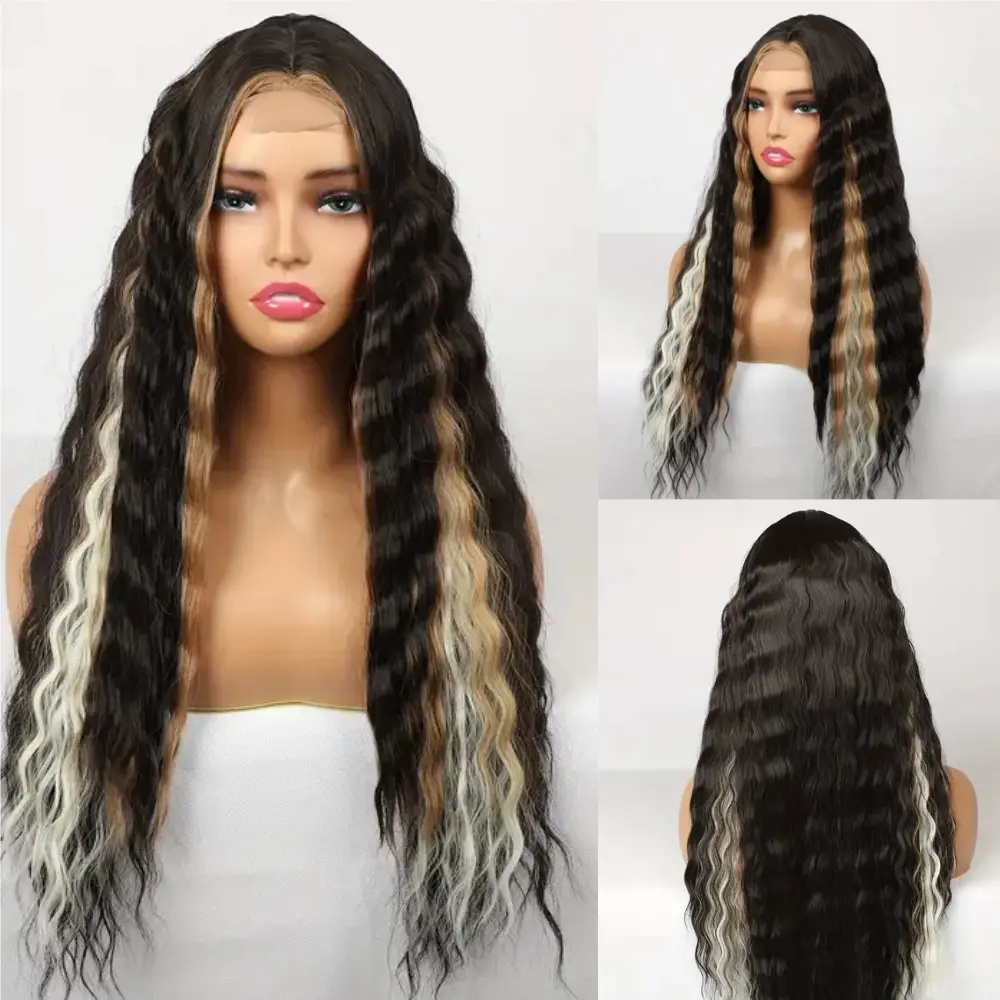 Synthetic Curly Wig for Women Long Deep Wave Wig with Purple Highlights Natural Crimps Curls Skunk Stripe Lace Front Wig for Dai
