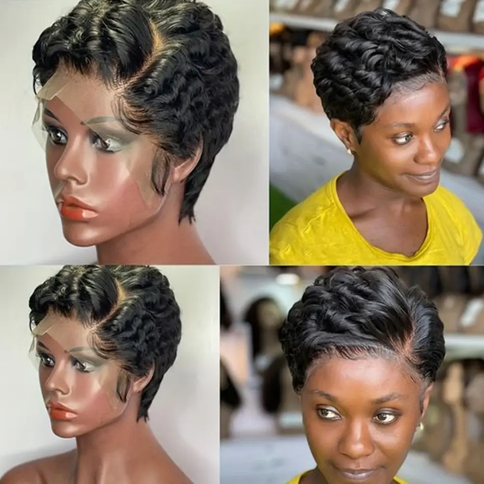 Short Bob Wig Pixie Cut Wig Curly Human Hair Wigs For Women 13x4 Lace Front Transparent Finger Wave Lace Wig Preplucked Hairline