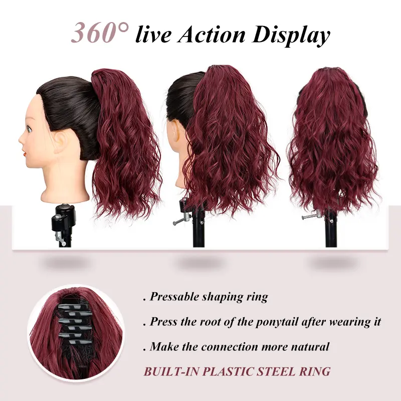 Clip-in Synthetic Hair Ponytail Extension Short Wavy Curled Clip-on Ponytail with Claw Clip Wine Red Hairpiece for Women