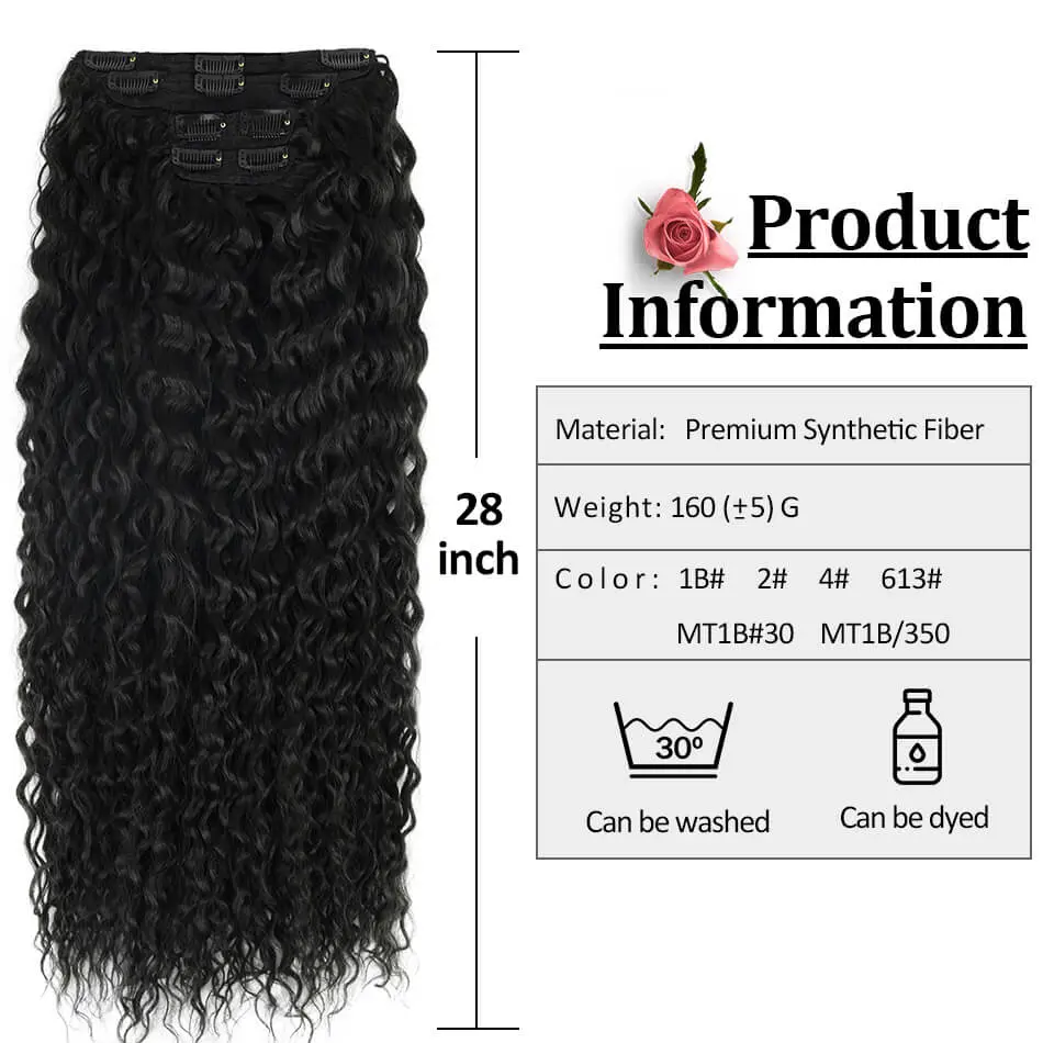 160g 4pcs/set Synthetic Kinky Curly Clip-in Hair Extensions Super Long Water Wave Full Head Hair Pieces for Women