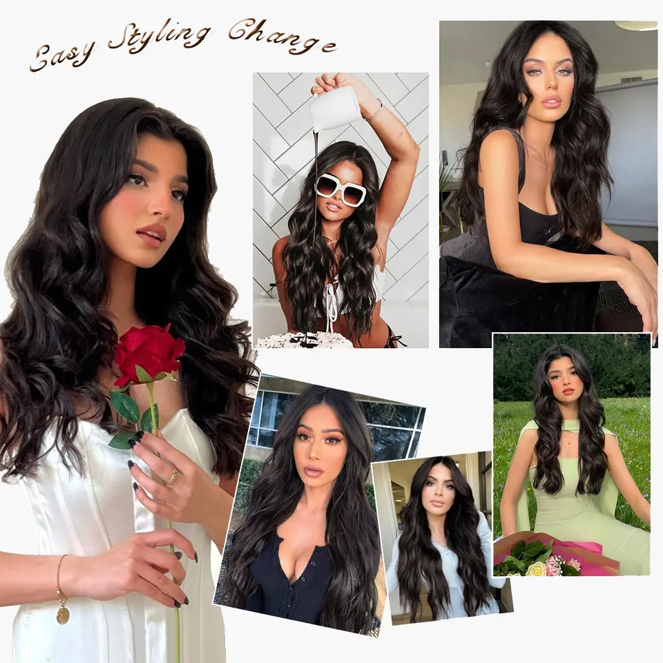 LUPU 24 Inch Long Synthetic Curly Wavy 4 Clip One Piece V-shaped Clip in Hair Extensions Black Brown Hairpieces for Women