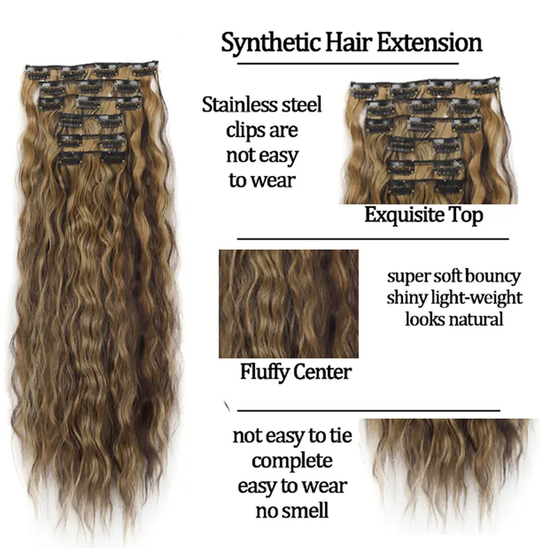 Synthetic Clip In Hair Extensions 6PCS Set Kinky Curly 24inch Long  Clip On Hairpiece Style For Women Girls Daily Party