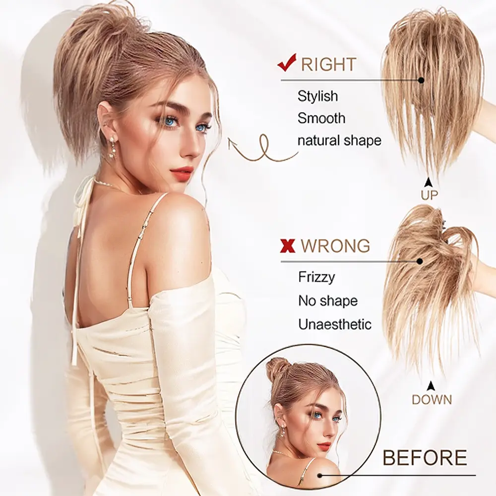 Short straight synthetic high ponytail extensions claw clip in Messy Bun hair piece for women daily use