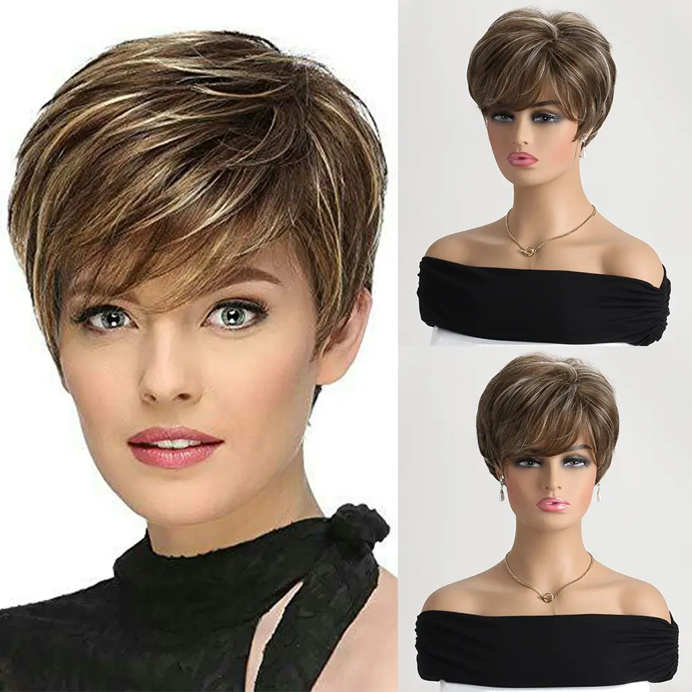 Natural Synthetic  Mixed Brown Wigs for Women Short curly Wig Daily Party Heat Resistant Hair