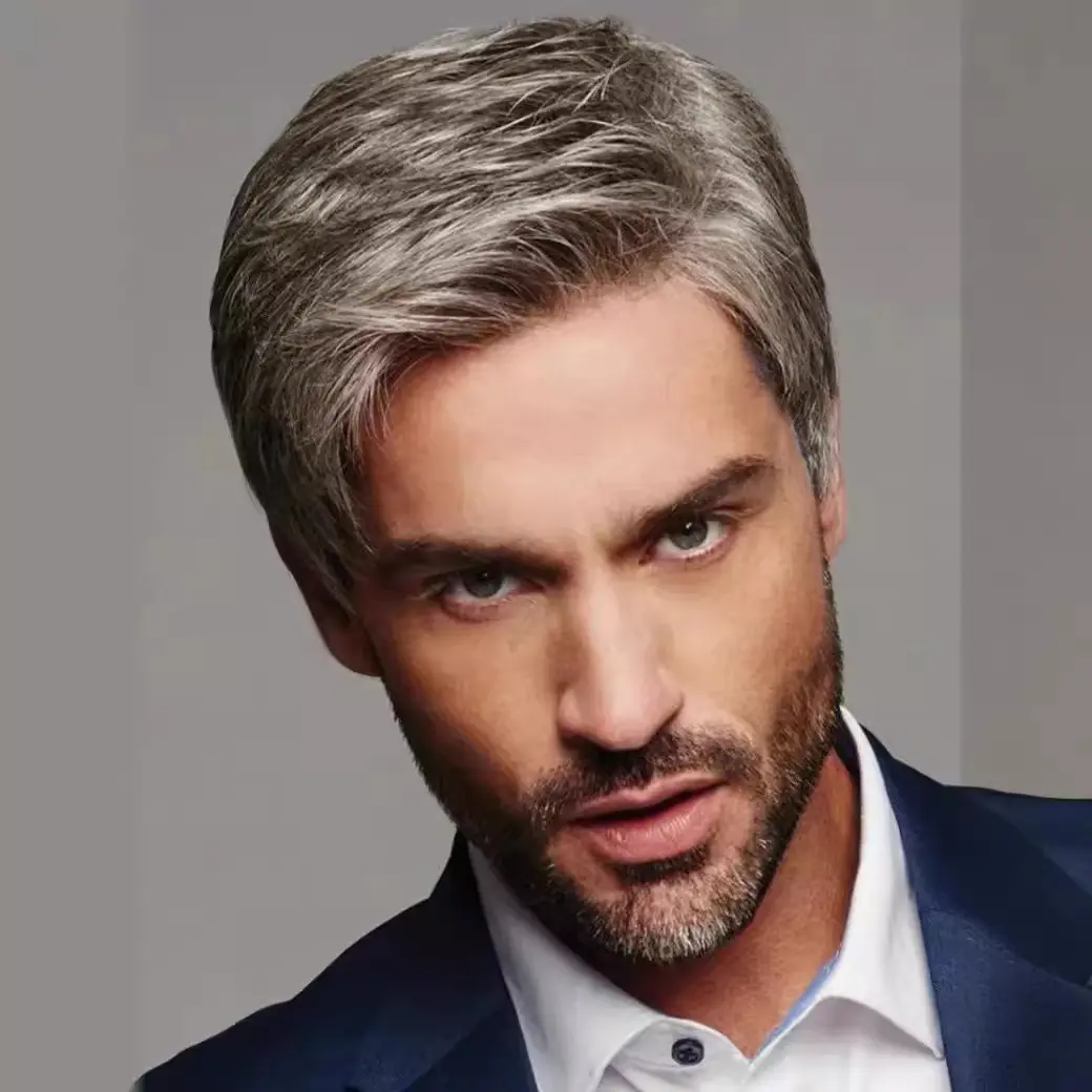 Synthetic wigs men's gradient gray bias bangs short straight hair short wigs