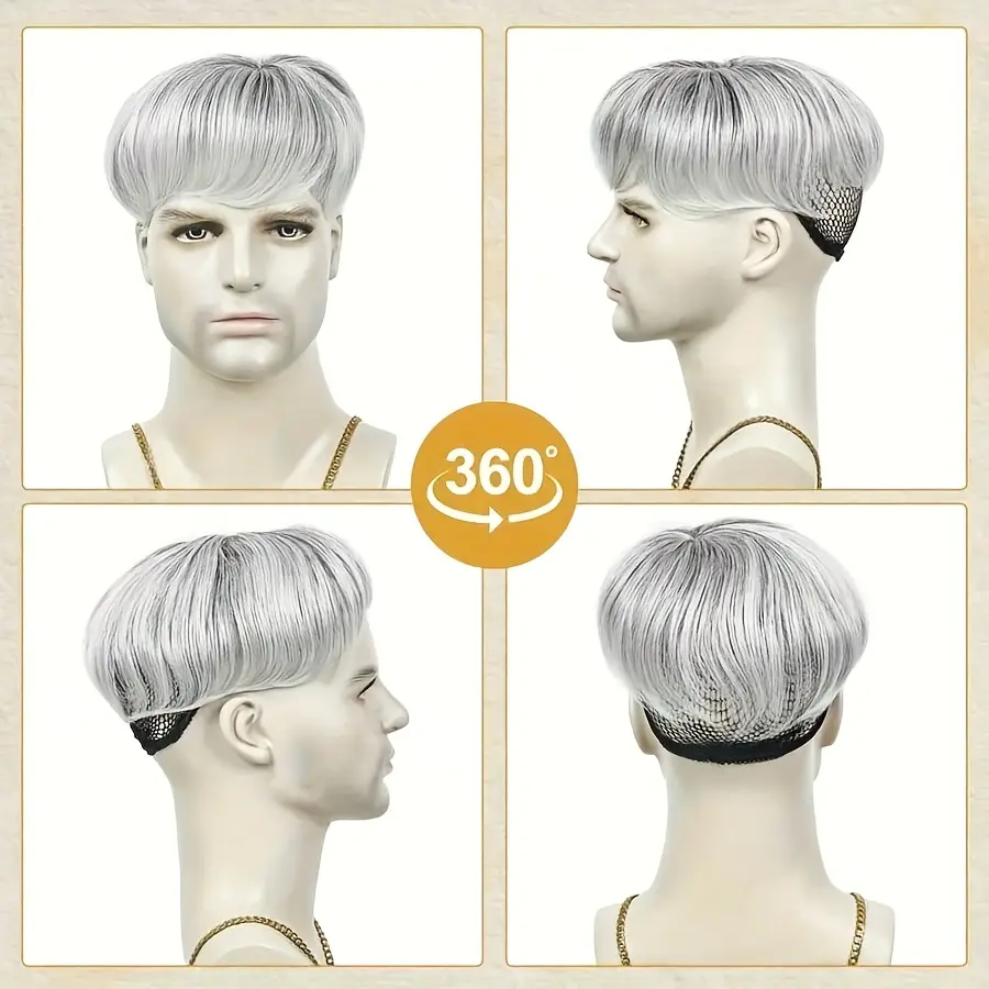 Men's mixed color synthetic wig piece natural color matching easy to wear can be worn many times