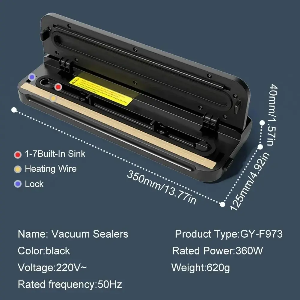 Portable Vacuum Sealer Machine for Food Storage 60kPa Suction Power 360W Dry and Wet Modes Compact Design