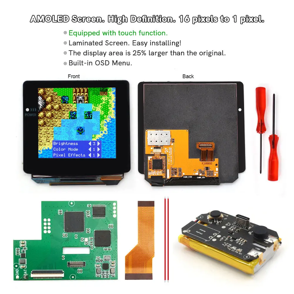 Rechargeable Type C OLED Screen Touch Laminated AMOLED Screen Drop in For GBC GameBoy Color w/Pre-cut Shell Lithium Battery