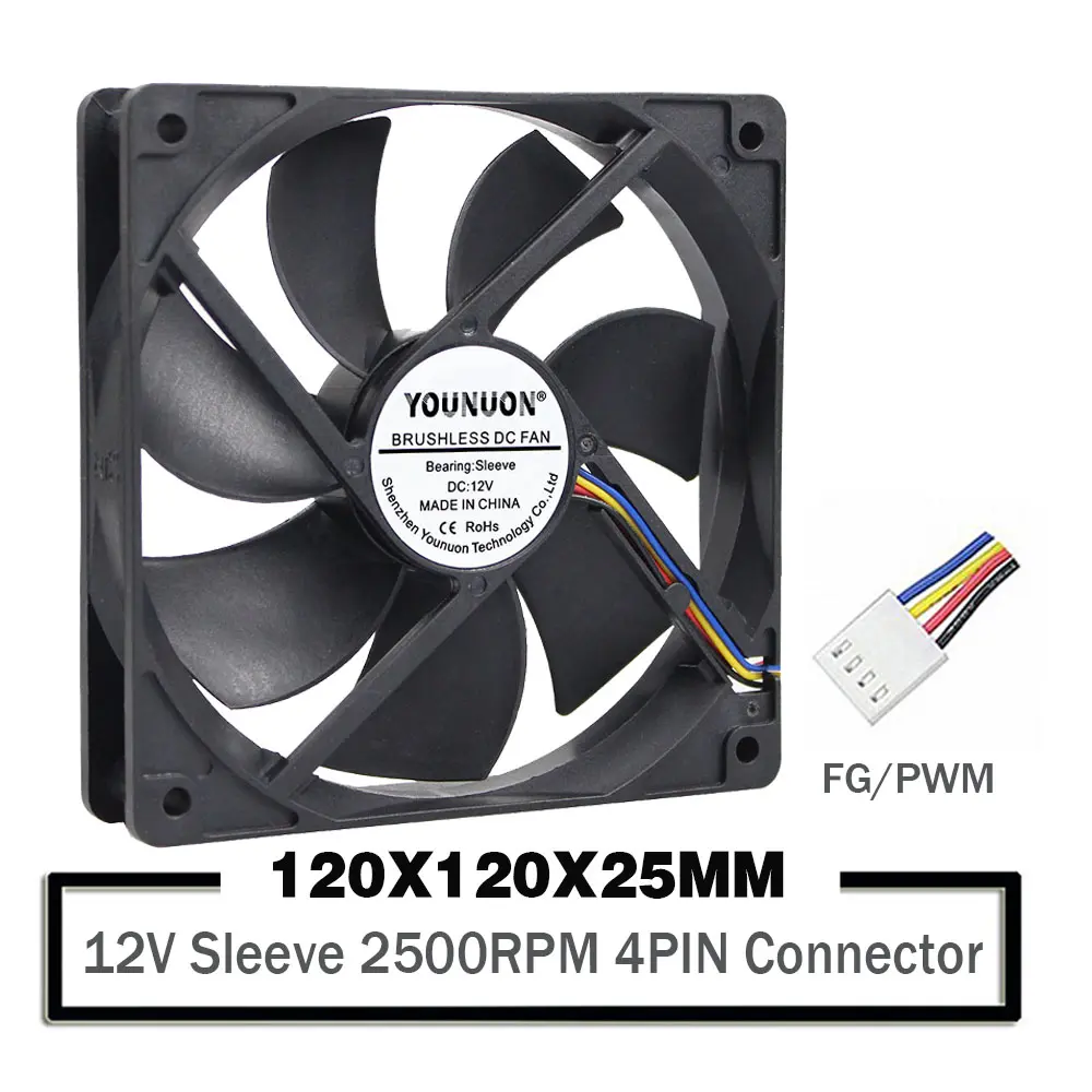 YOUNUON 12V 120mm 120x120x25mm  Sleeve Cooling Fan W/FG PWM Function PC CPU Computer Case Fan Industry Radiator Cooling Fan
