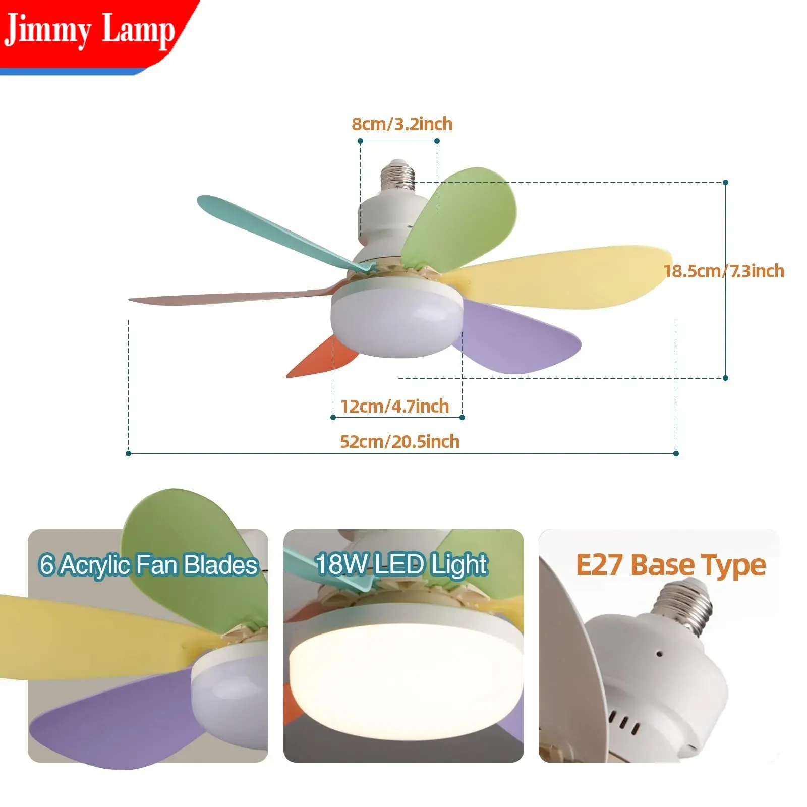 20.5in Ceiling Fan with LED Light E27 Remote Control Fan Small Ceiling Fan for Bedroom Living Room Laundry Kitchen Store Decor