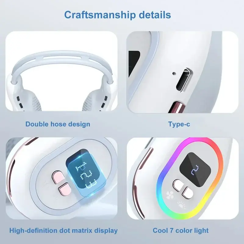 Portable Bladeless Neck Fan 7 Color  Atmosphere Lights USB Rechargeable 3 Gear 360° Adjustable Wind Power Display Air Cooler