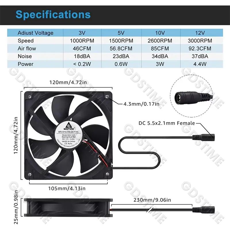 Gdstime 120mm x 25mm 110V 220V AC Powered Fan with Speed Controller 3V to 12V for Receiver Xbox DVR Playstation Component Cooler