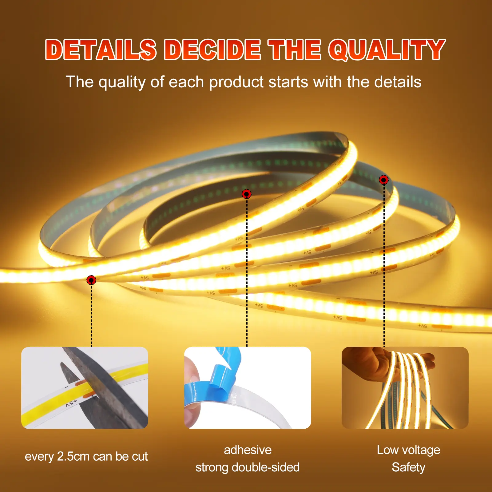 1m/2m/3m LED Lights Strip Waterproof 5V USB COB LED Strip Flexible Dimmable LED Strip Lights for Indoor and Outdoor Bedroom