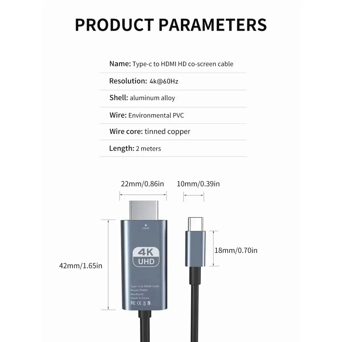 4K 60Hz HD Video Conversion Cable Typec to HDMI Same Screen Cable TV Computer 2 Meters Braided Screen Projection Cable Packaging