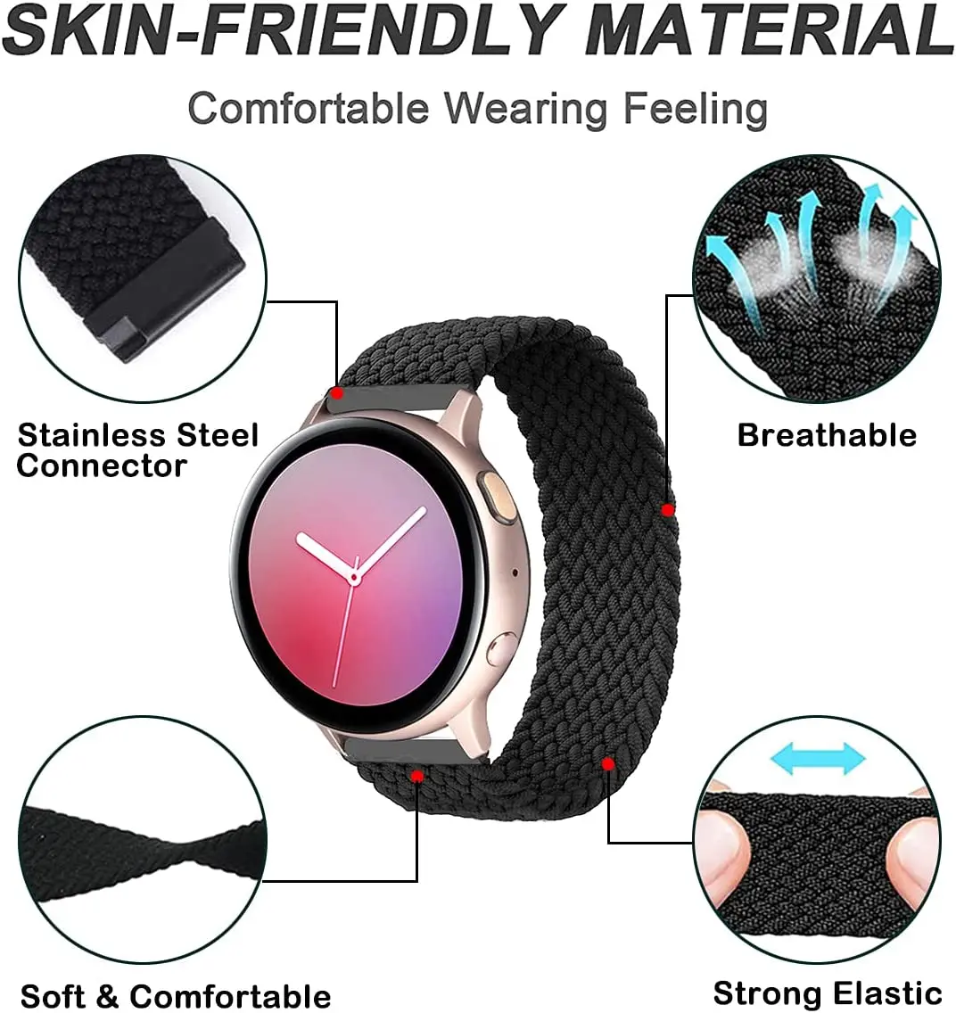 20mm 22mm Nylon Band For Samsung Galaxy Watch 6 3 4 5 Pro Active S3 Braided Solo Loop Bracelet Amazfit Bip/GTS/GTR Huawei Watch
