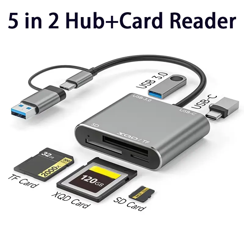 5 in1 USB 3.0 Memory Card Reader USB-C To TF/SD/XQD Card High Speed Reader Adapter Hub For Iphone 15 Pro/Max Pro/Air 2023-A77P