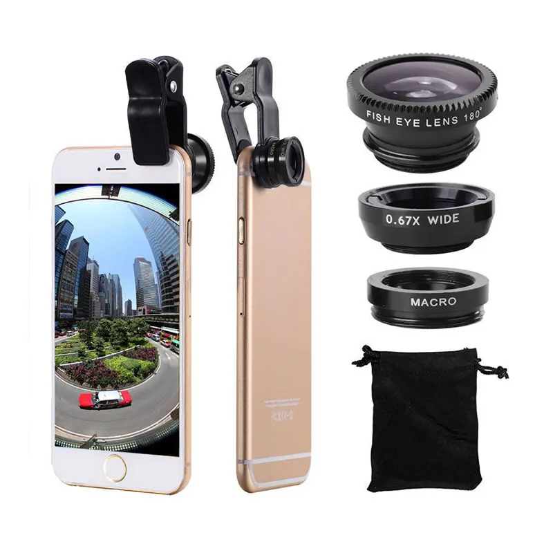 3in1 Fisheye Wide Angle Micro Camera Lens for iPhone Xiaomi Redmi 3IN1 Zoom Fish Eye Len on Smartphone Lenses with Phone Clip