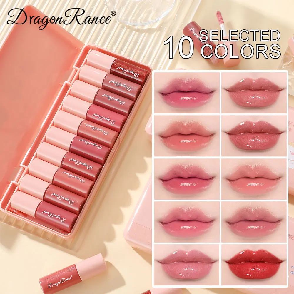 Mini 10 Colors Cartoon Moisturizing Lip Glaze Set Box Waterproof Non-stick Long Lasting Mirror Sample Lipstick Female Lip Gloss