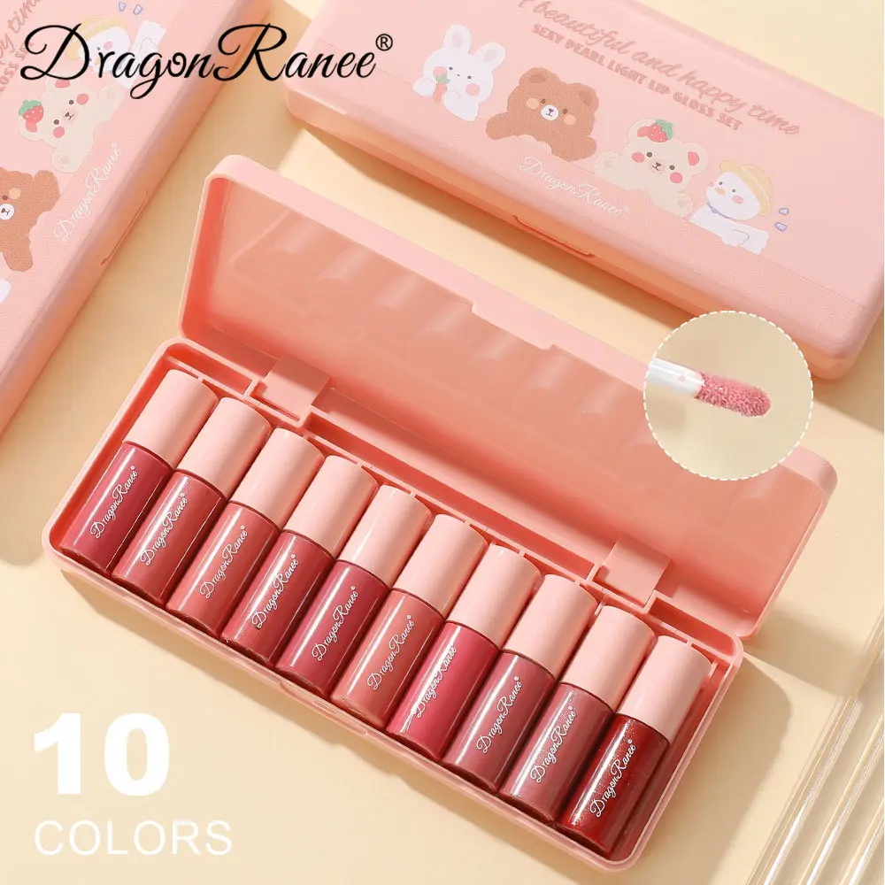 Mini 10 Colors Cartoon Moisturizing Lip Glaze Set Box Waterproof Non-stick Long Lasting Mirror Sample Lipstick Female Lip Gloss