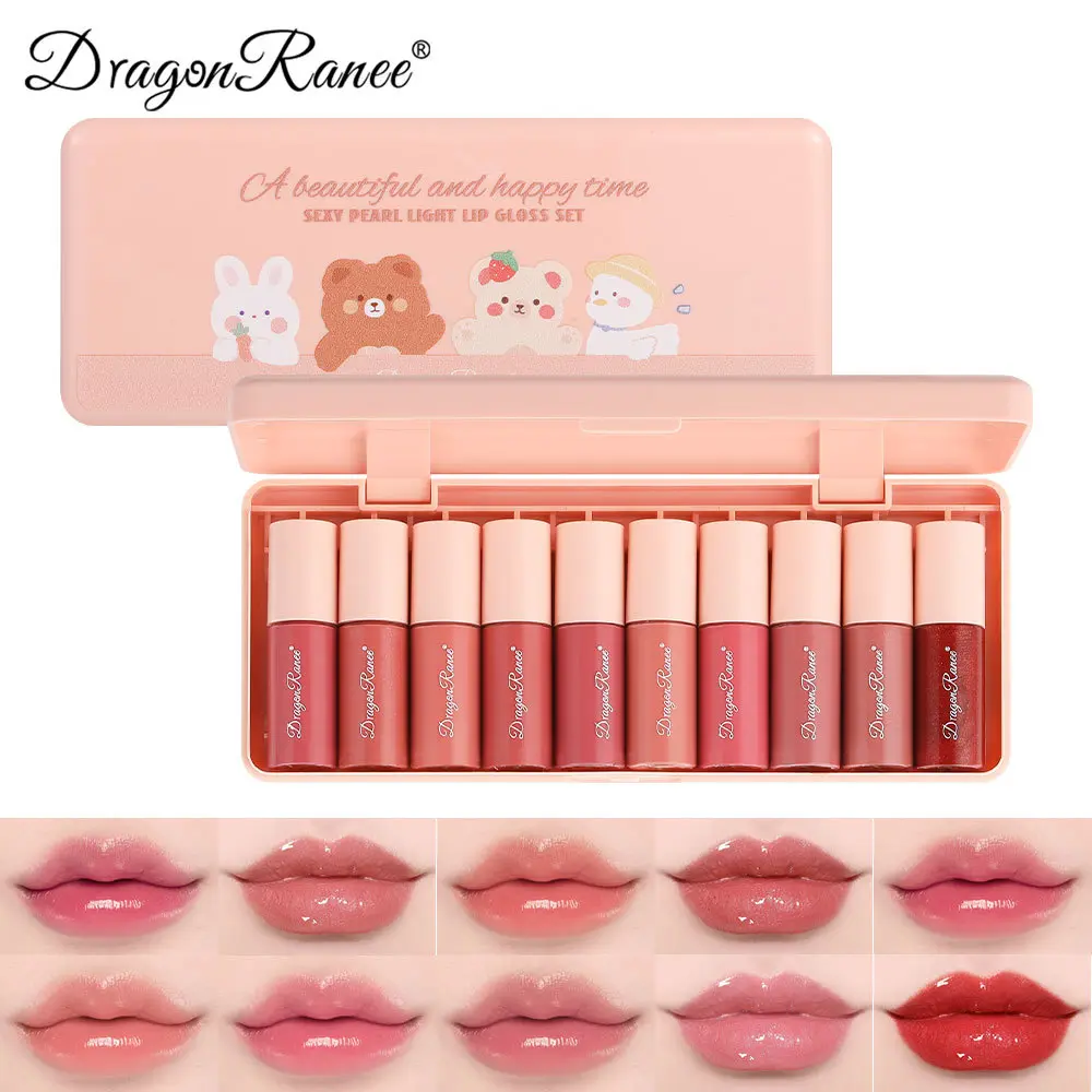 Mini 10 Colors Cartoon Moisturizing Lip Glaze Set Box Waterproof Non-stick Long Lasting Mirror Sample Lipstick Female Lip Gloss