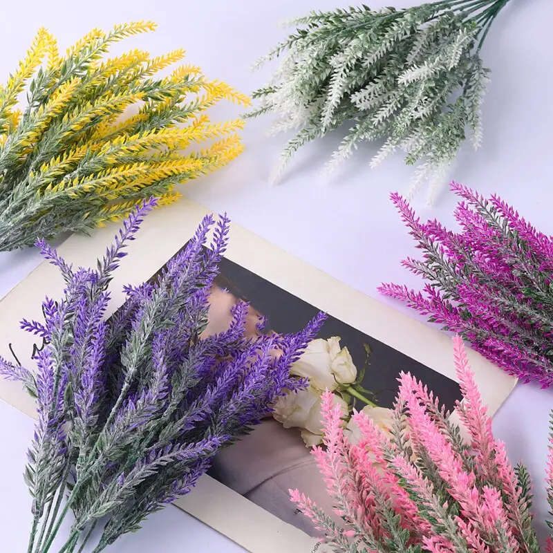 Artificial Flowers Flocked Resistant Lavender Bundle Fake Plants Wedding Bridle Bouquet Indoor Outdoor Home Kitchen Office Decor