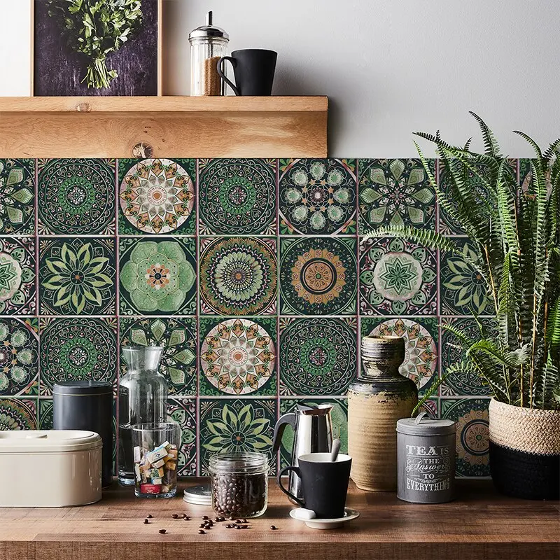 24 Vintage Mandala Wall Stickers, Kitchen Self-Adhesive Waterproof Tile Stickers, Bathroom Decoration Moroccan Art Mural