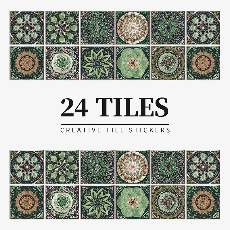 24 Vintage Mandala Wall Stickers, Kitchen Self-Adhesive Waterproof Tile Stickers, Bathroom Decoration Moroccan Art Mural