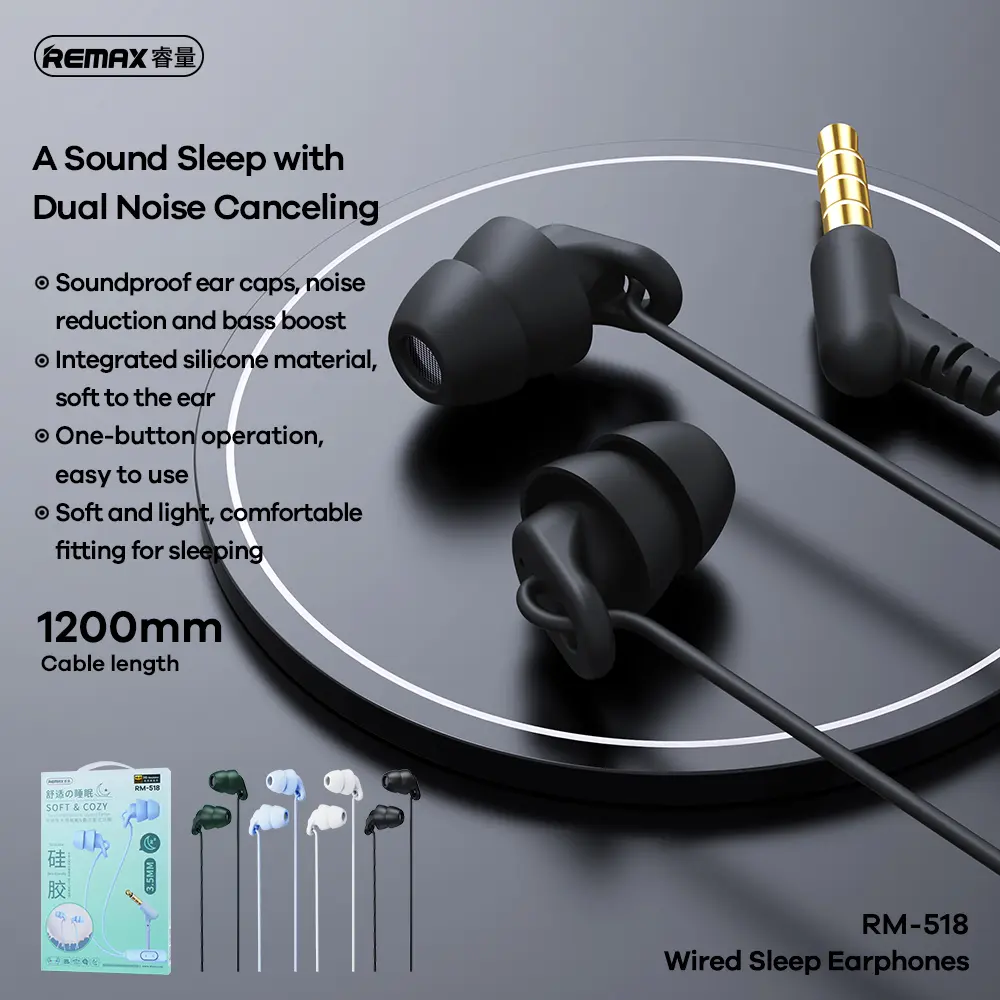 Remax 3.5mm Wired Sleep Earphone Soft Light Noise Reduction Comfortable For Mobile Phones