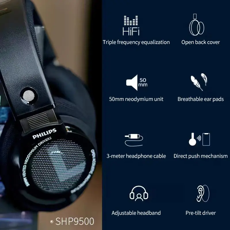 Philips SHP9500 HiFi Stereo HD Headphones Music Esports Game Earphone Wired 3.5mm 6.3mm Interface for Universal Computer Laptop