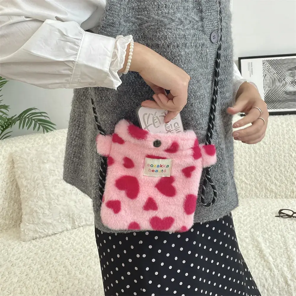New Plush Dot Crossbody Bags for Women Cute Pink Shoulder Bag Purses and Handbags Portable Phone Pouch