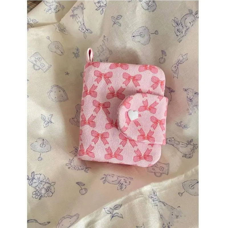 1 Pc Cute Student Coin Purse Pink Bow Print Korean Fashion Wallet Card Holder for Girls Portable Cute Small Storage Bag